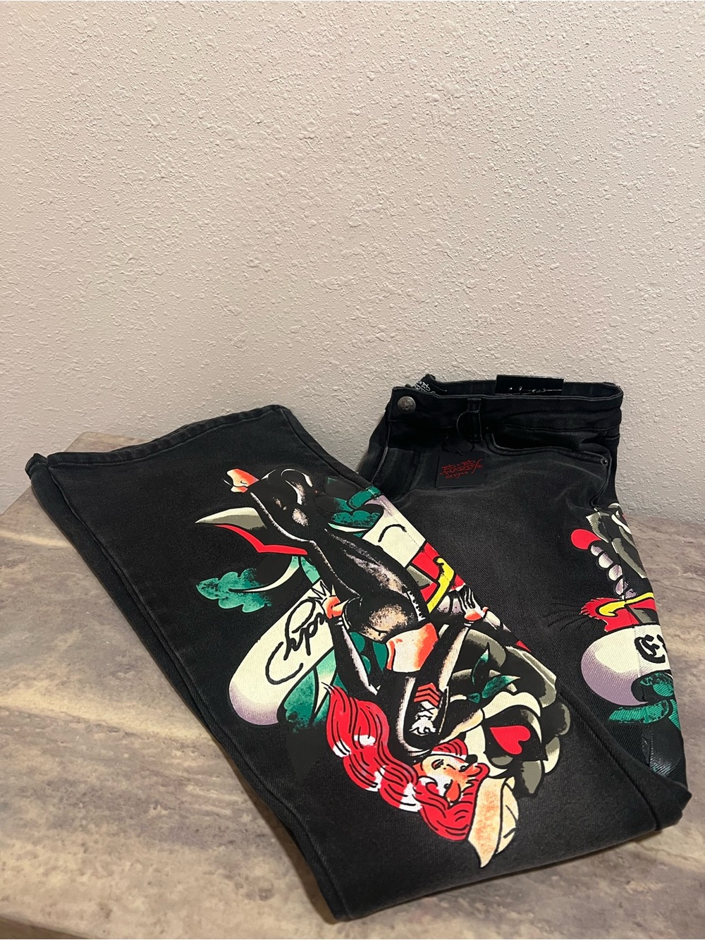 Ed Hardy Black Slim Straight Jeans with Colorful Pinup Graphic